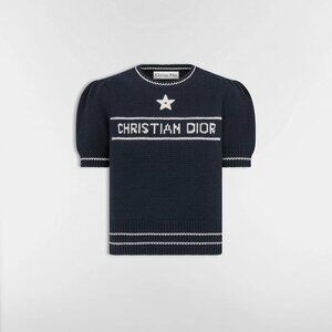 Christian Dior Short-Sleeved Sweater Navy Blue Cashmere and Wool Knit